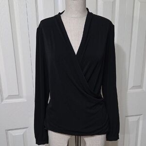 White House Black Market Black Draped Wrap-Front Long Sleeve Top